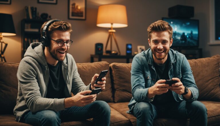 Deux amis partageant un moment gaming avec un PC et une manette en arrière-plan