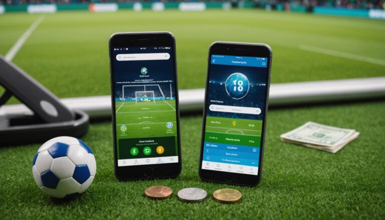 Smartphone affichant une application de paris sportifs avec stade en arrière-plan