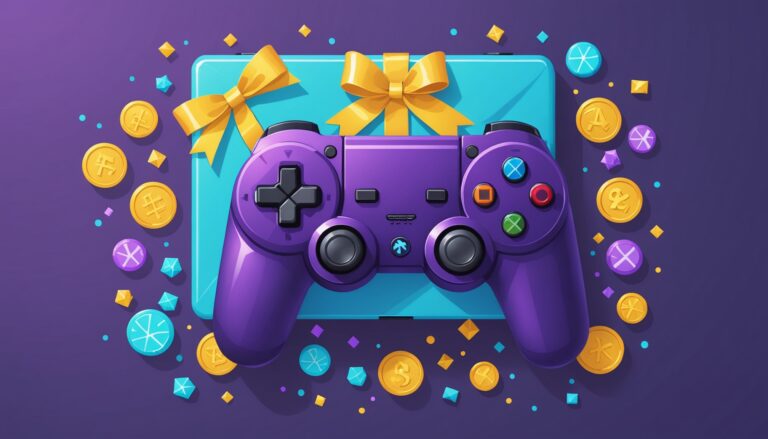 Illustration d'une manette de jeu avec des cadeaux et pièces symbolisant le parrainage gaming