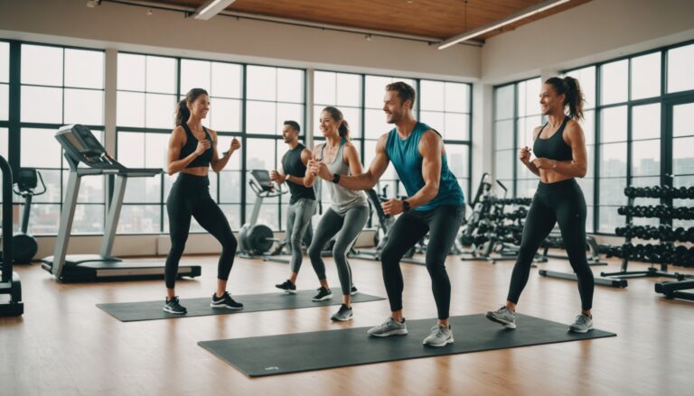 Amis s'entraînant ensemble dans une salle de sport, illustration du parrainage sport et bien-être