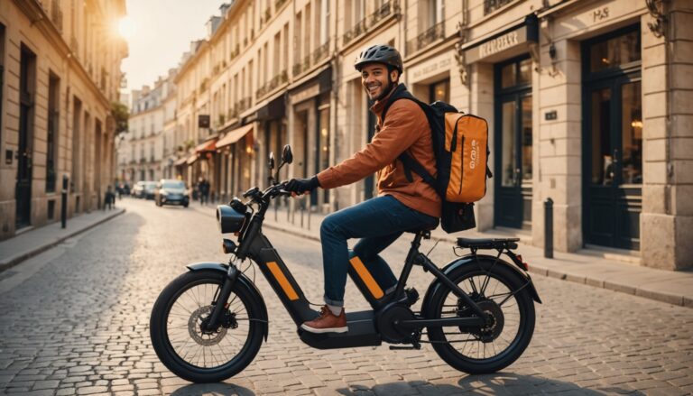 Livreur de repas a velo electrique dans une rue en ville, illustration parrainage livraison