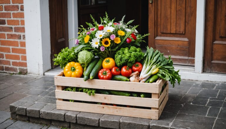 Caisse de livraison à domicile avec fleurs, légumes et poisson frais