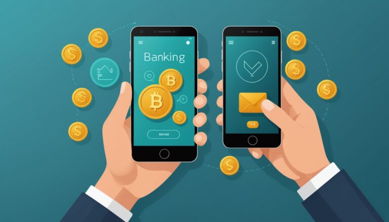 Illustration d'une application bancaire mobile avec pièces et icône de parrainage