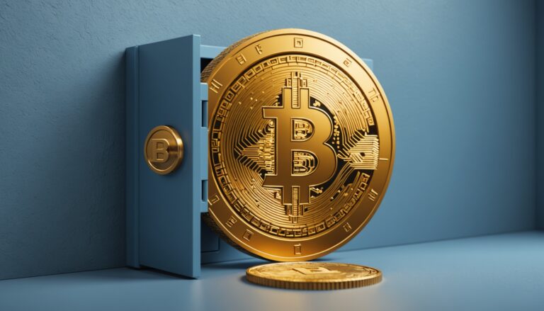 Illustration d'une pièce de bitcoin dorée près d'un coffre-fort numérique sécurisé