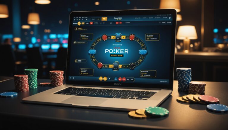Interface de poker en ligne sur un écran d'ordinateur avec jetons et cartes à proximité